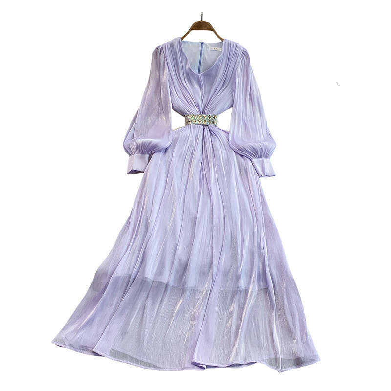 French high-end V-neck women's lantern sleeve dress with summer A14 rhinestone decoration, waist cinching, slimming and elegant
