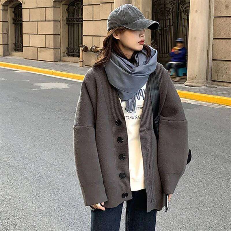Minimalist Cardigans for Women Loose Black Single Breasted V-neck Knitted Soft Warm Autumn Winter Students Leisure Z260313
