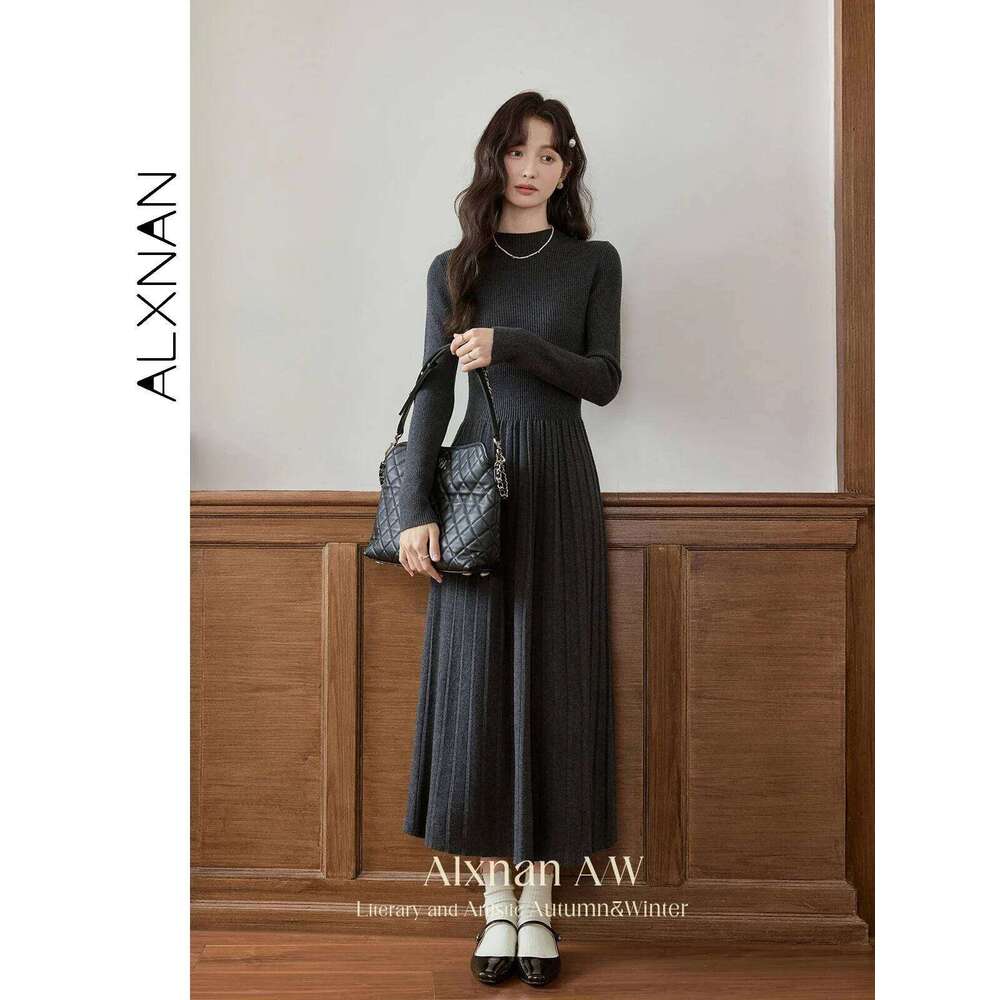 ALXNAN Women's Knitted Autumn Winter Warm A-line Dresses Elegant Office Style Casual Long Sleeve Midi Dress L52017 Z260314