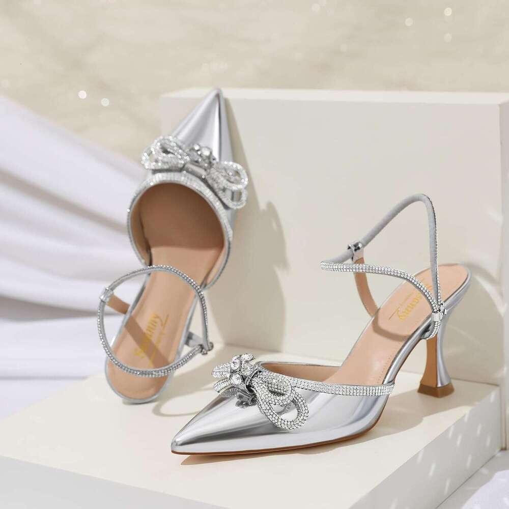 Women S Closed Rhinstone Wedding Low Heel Slingback Clear Kitten Heels Adjustable Strap Pointed Toe Bow Pumps High Heeled Prom Dress Shoes MOJIDASHU
