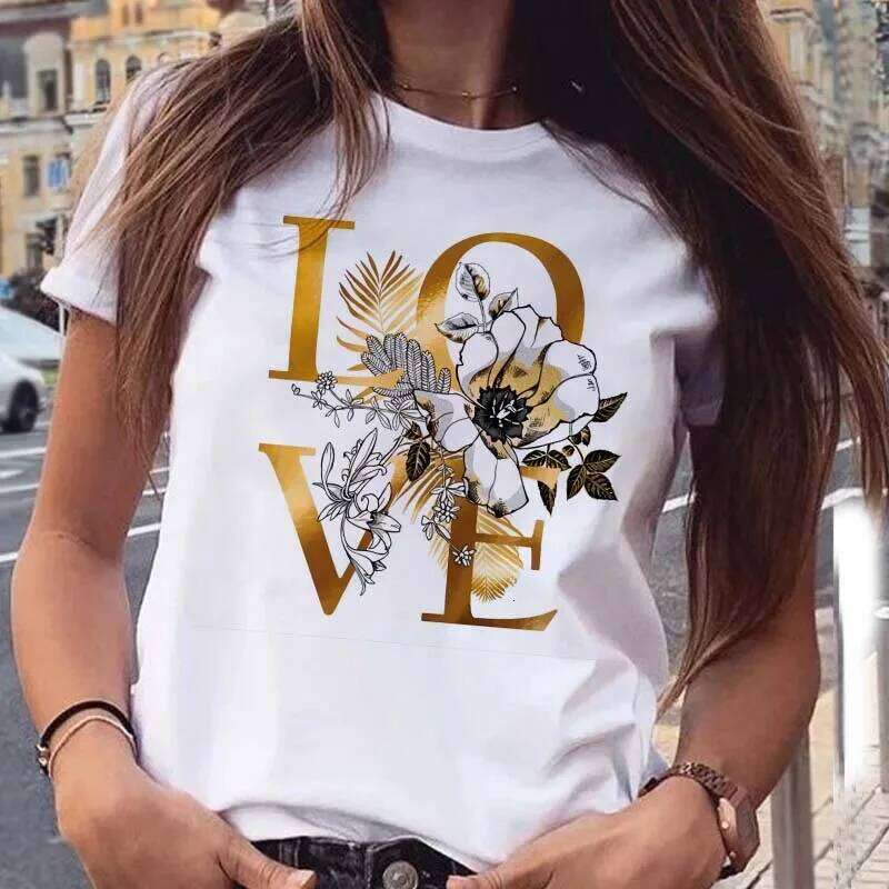 New Gold Letter Love Print T Shirt Female Short Sleeve Tops 90s Girls Black T-shirt Women Casual Tee Shirts Z260314