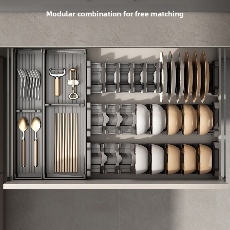 Gunmetal Gray Kitchen Drawer Dish Cabinet Storage Divider for Knives, Forks, Bowls, Chopsticks, Spoons, Tableware Built-in Compartment Bowl Rack
