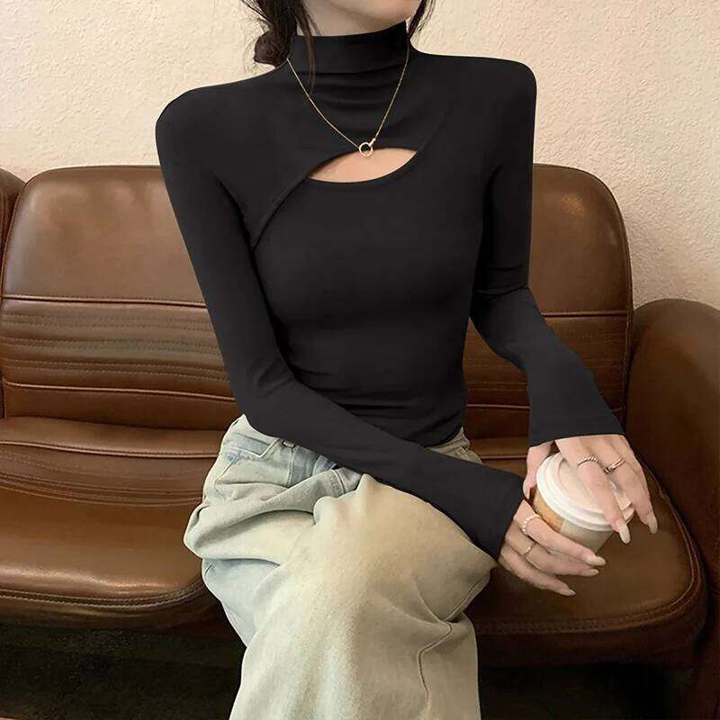 Autumn Half Turtleneck Knit Sweater Women Fashion Sexy Hollow Out Slim Long Sleeve Pullover Korean Solid Simple All Match Jumper Z260313