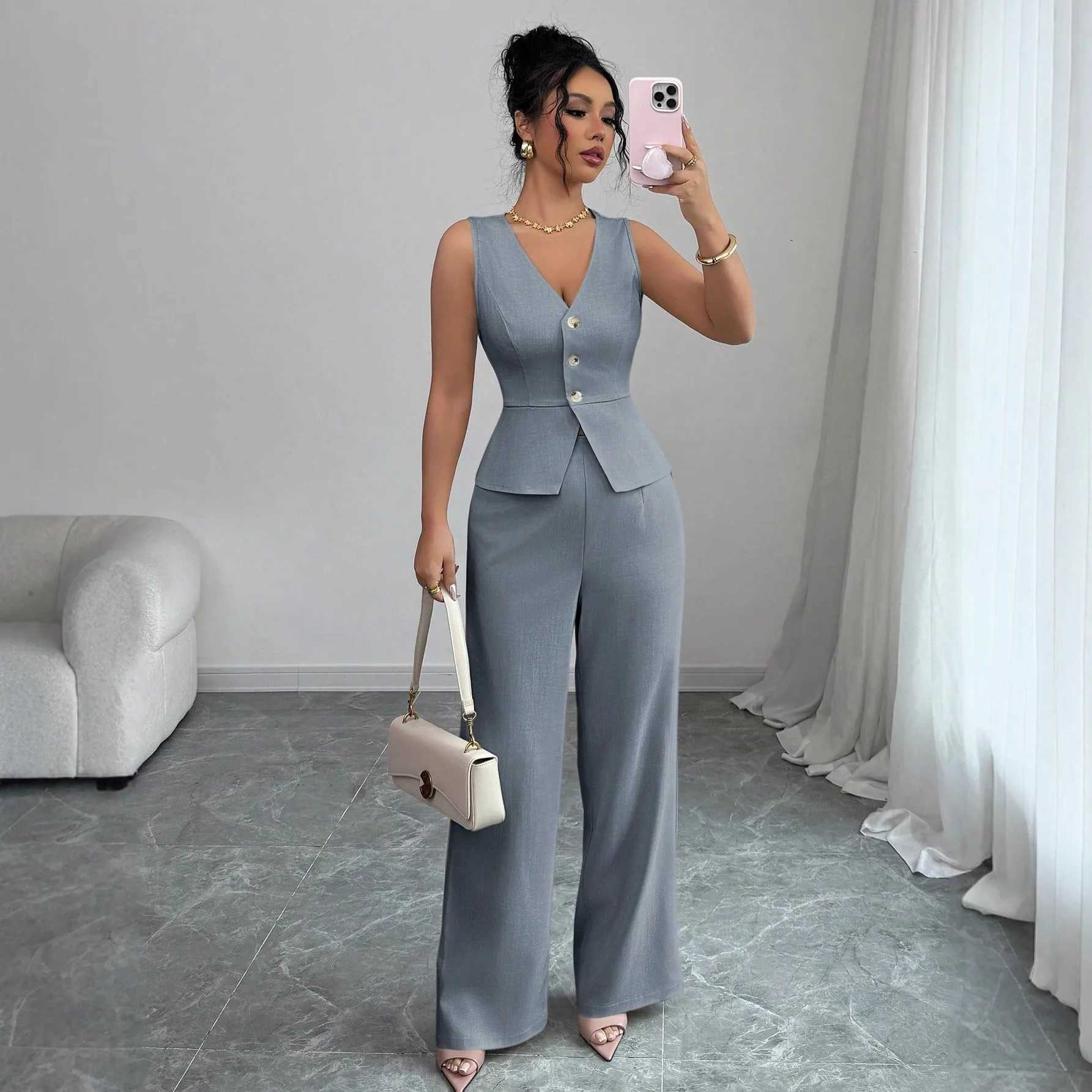 Womens Solid Color Sleeveless Slim Fit Vest High Waisted Pants Two-piece Set for Summer 2025 M260313