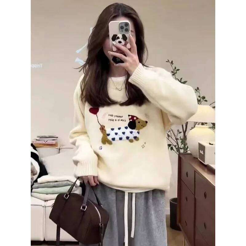 Korean Blue Puppy Towel Embroidered Raccoon Velvet Sweater for Women in Autumn and Winter Loose Outerwear Knitted Top Z260313