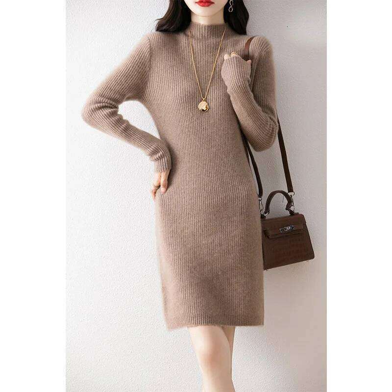 New 100% Merino Wool Knitted Hot Selling in Autumn and Winter Slimming Long Women's Dress Z260313