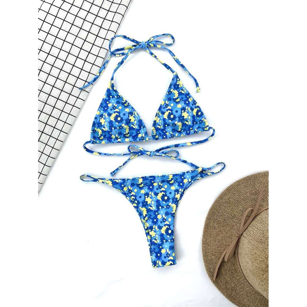 Blue Floral Lace-up Vintage Print Fashion Girl Summer Clothes Ladies Split Swimsuit 2022 Sexy Bikini Y260303