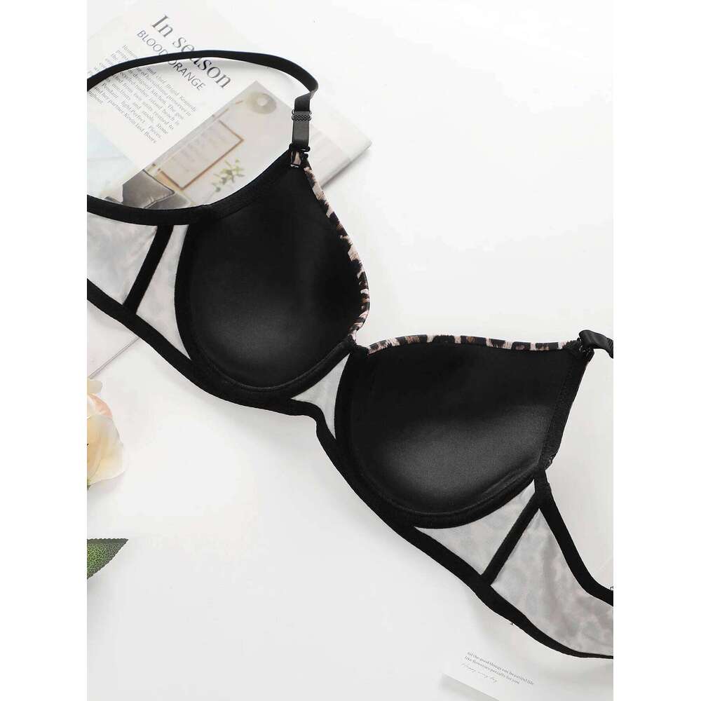 Women's sexy leopard print with steel ring gathering push up bra comfortable close fitting lingerie set B2087