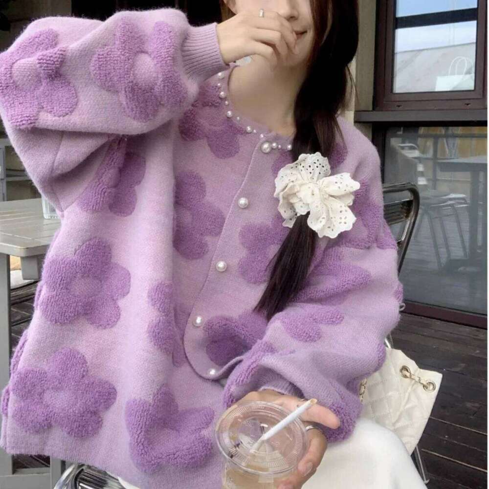 Heavy Industry Nail Bead Flower Cardigan Women's Autumn and Winter New Item Korean Style Loose Knit Sweater Top Z260313