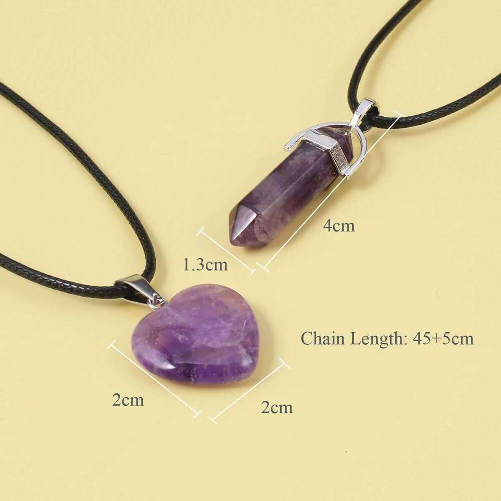 Couple Heart Shape Natural Stone Amethyst Pink Crystal Opal Obsidian Hexagonal Prism Pendant Jewelry Necklace Gift Pair H260312