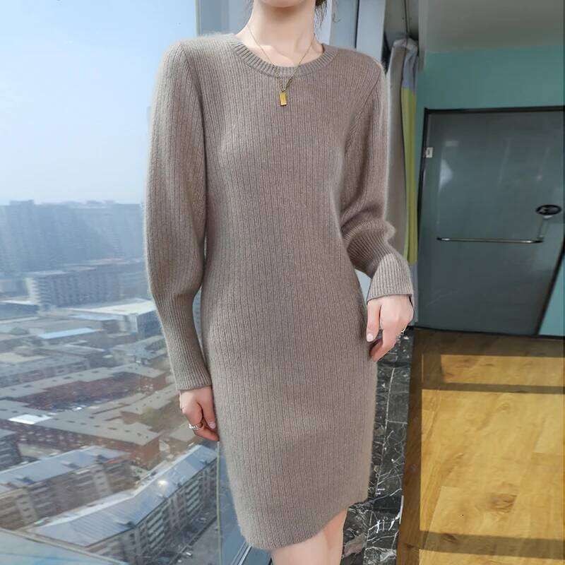 Autumn and winter O-neck sweater dress, 100% mink cashmere knitted simple long style, women's new style pullover dress Z260313