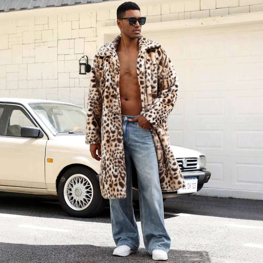 Men Faux Fur Coats Leopard Jackets Color Blocked Turn Down Collar Long Sleeve Single Breasted Straight Casual 2025 Autumn Winter Z260313