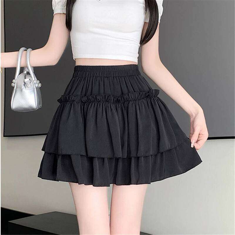 Summer Kawaii Elastic High Waist Black White Ruflles Skirt Women Fashion Slim Fit Chiffon Mini Skirts Giris Y2k All Match Faldas Z260314