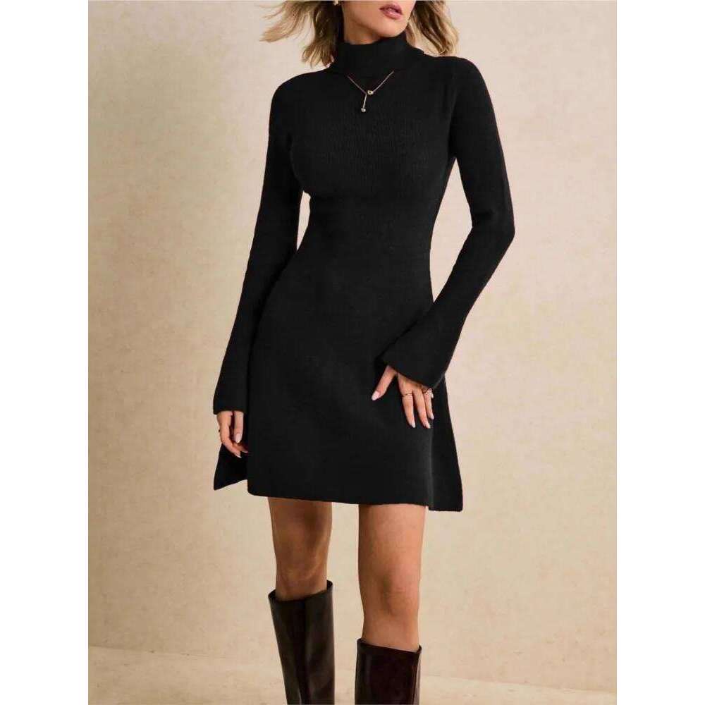 Fashion High-neck Flared Sleeve Knitted Sweater Women's Slimming Elegant Female Hip-hugging Tie One-piece Short Dress 2026 Z260313