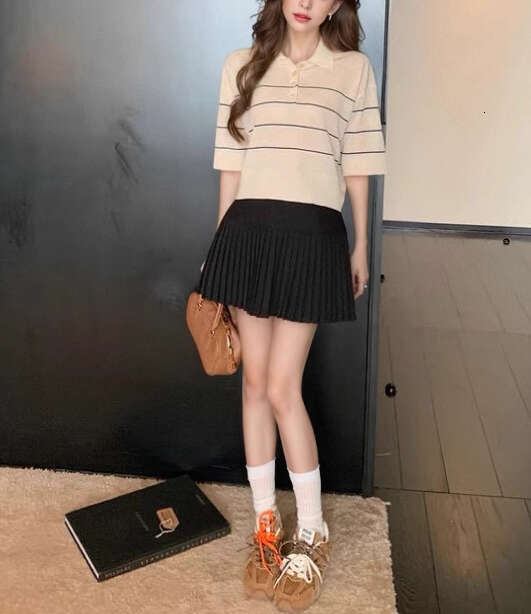 2026 High quality Women's Clothing Spring and Summer New Lightweight Two tone Striped Short sleeved Knitted Shirt