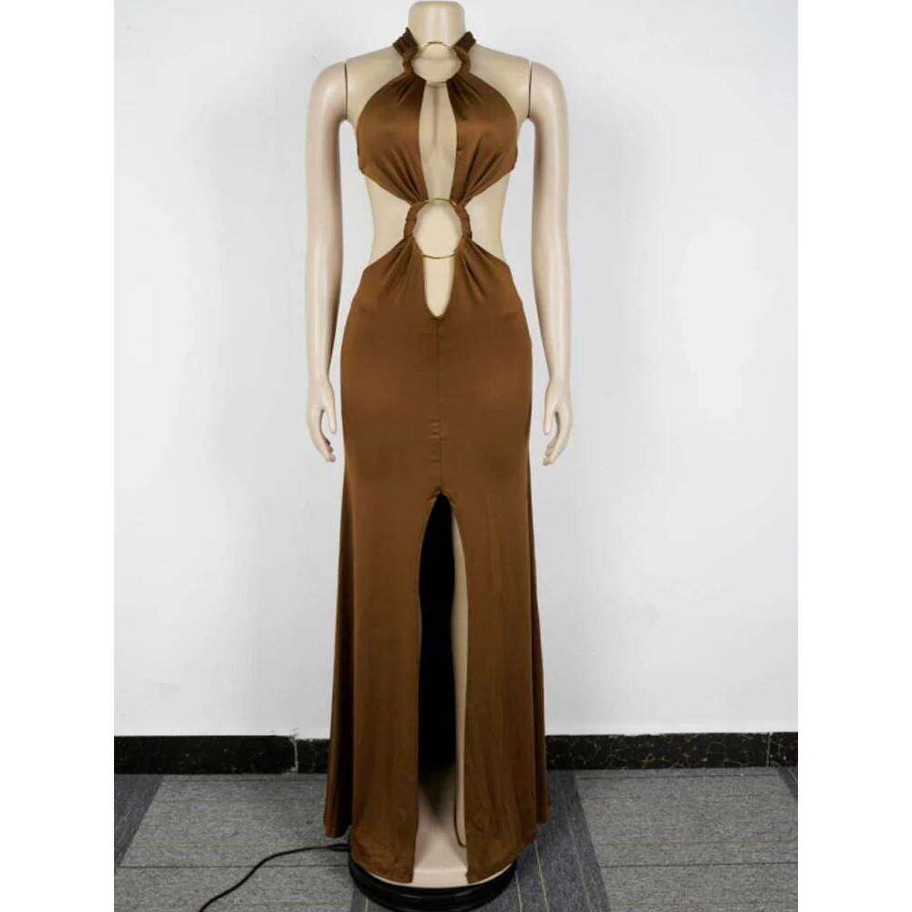 Beyprern New Chic Halter V Neck O Rings Long Maxi Dress Glam Women Sexy Backless Ruched High Slit Party Dresses Birthday Outfits