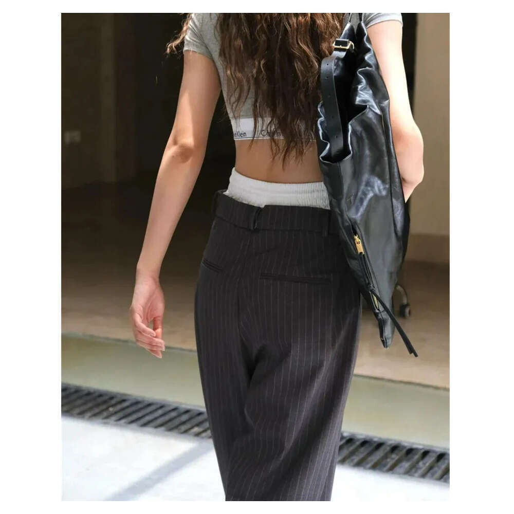 HanOrange Autumn Casual Waist Splicing Striped Pants Womens Loose Wide Legs Felt Trouser Grey Z260312