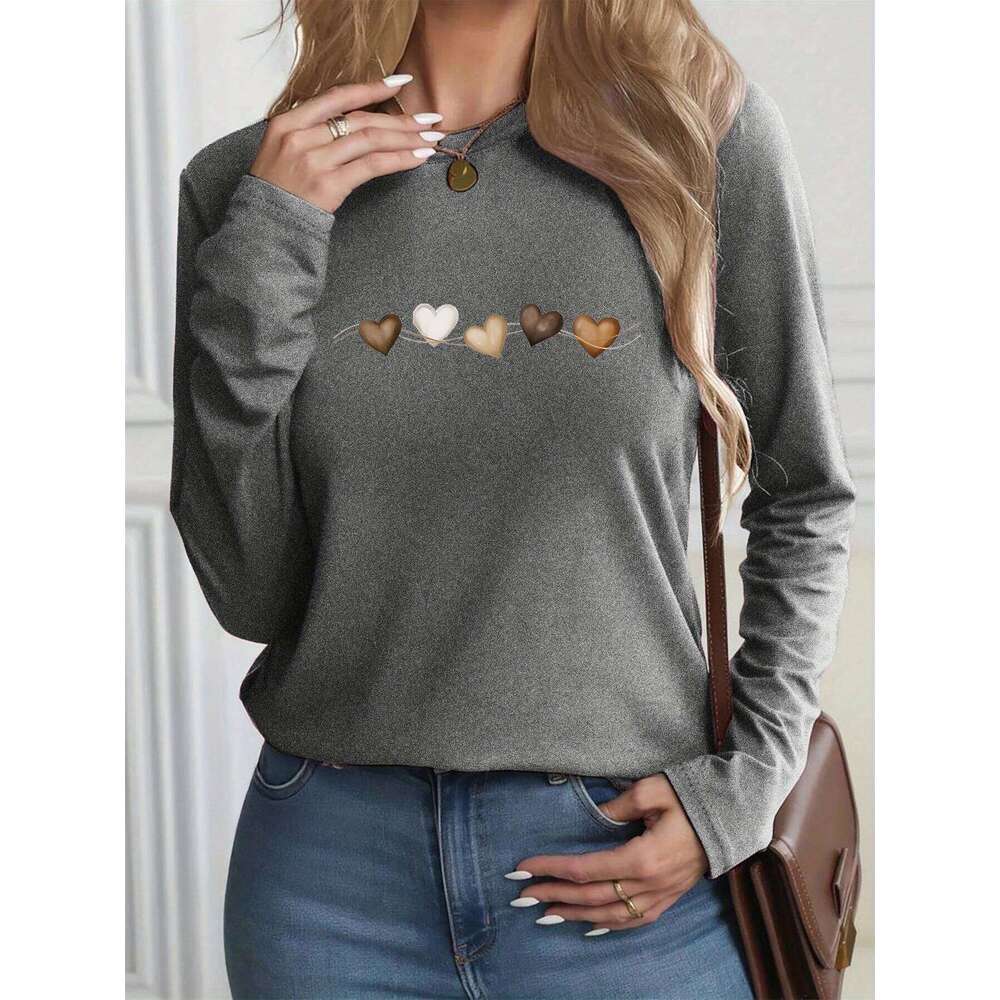 Women's autumn and winter 100% pure cotton fashionable casual heart-shaped printed round neck long sleeved T-shirt top Z260314