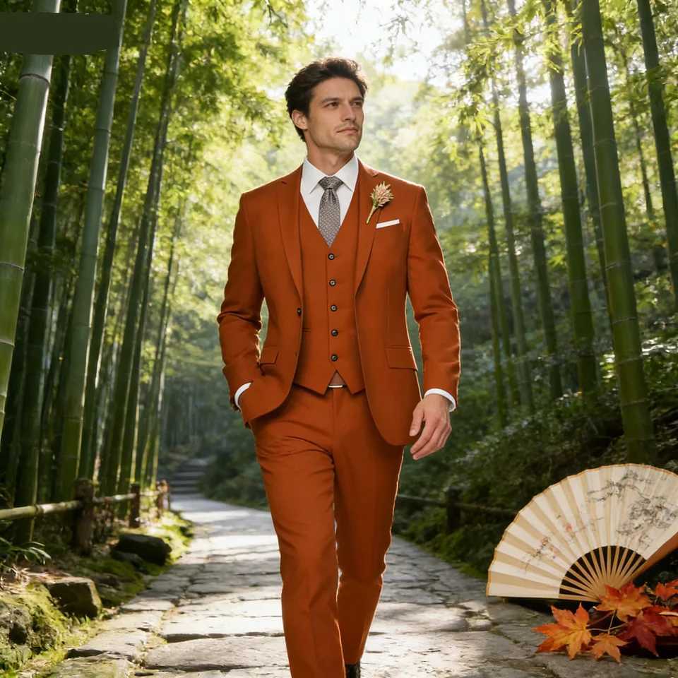 Elegant Rose Red 3-Piece Slim Fit Mens Suit Double Breasted Blazer Vest Pants Set for Wedding Groom Tuxedo Business Party a01 M260313