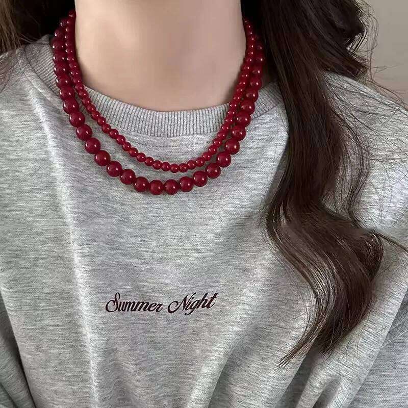 Red Round Glass Bead Necklace Retro Collarbone Chain Accessories for Women H260312