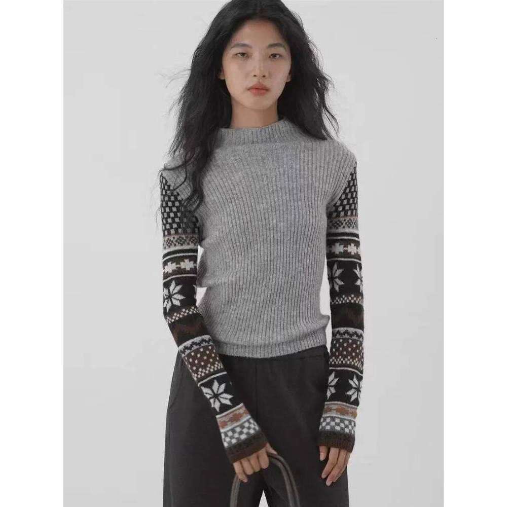 Vintage Jacquard Half High Collar Sweater Women's Casual Slim Tops Knitted Pullovers Long Sleeved Spliced Knitwear Sueter Z260313