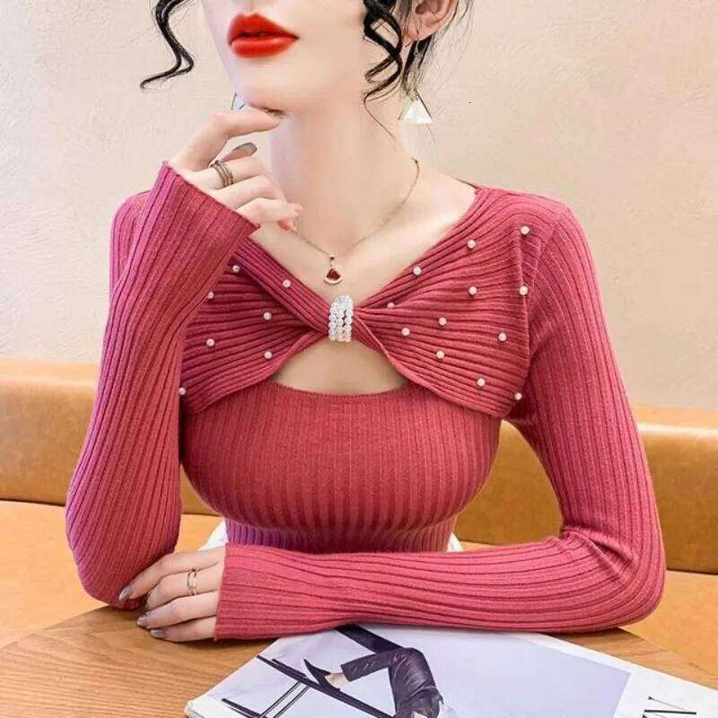 Temperament Versatile Commuter Bead Bow Sweater Pullover Slim Fit Women's 2024 New Autumn Trendy Long Sleeve Chic Top Z260313