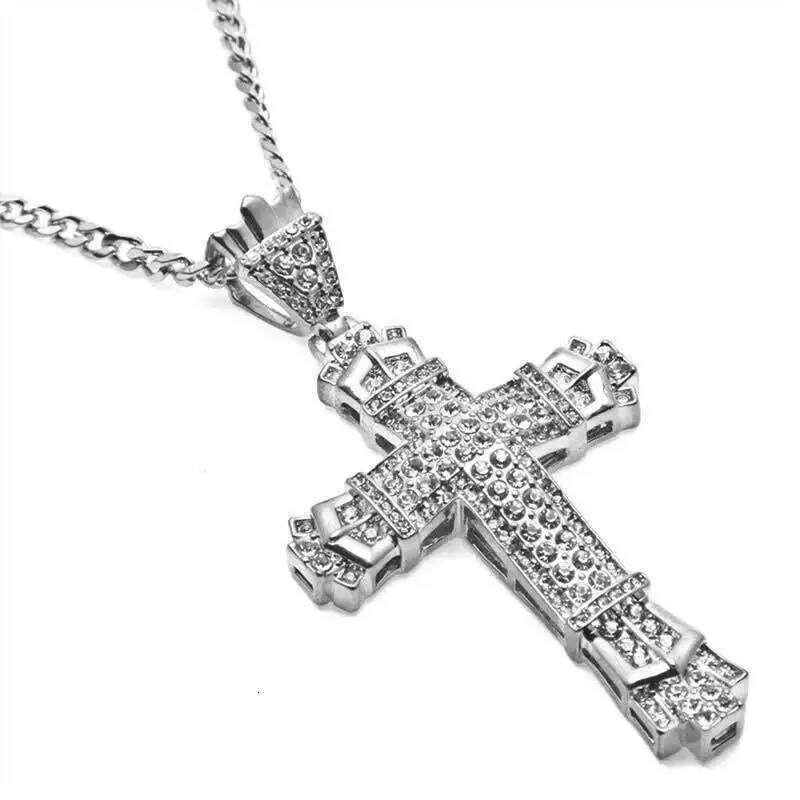 1 Simple Style Men Christian Cross Rhinestone Pendant Necklace Personality Fashion Street Domineering Chain Jewelry H260312