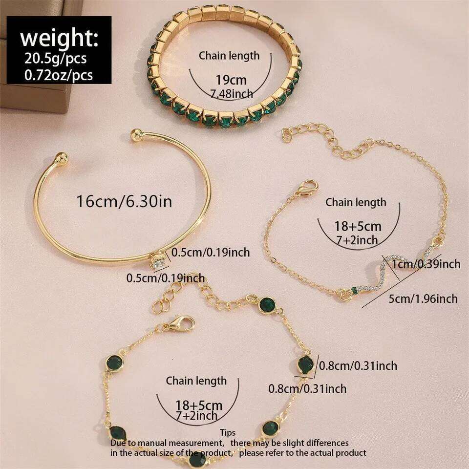 4Pcs/Set Fashion Snake Green Gemstone Bangle Rhinestone Full Metal Bracelet For Women Birthday Party Christmas Gift Jewerly Z260313