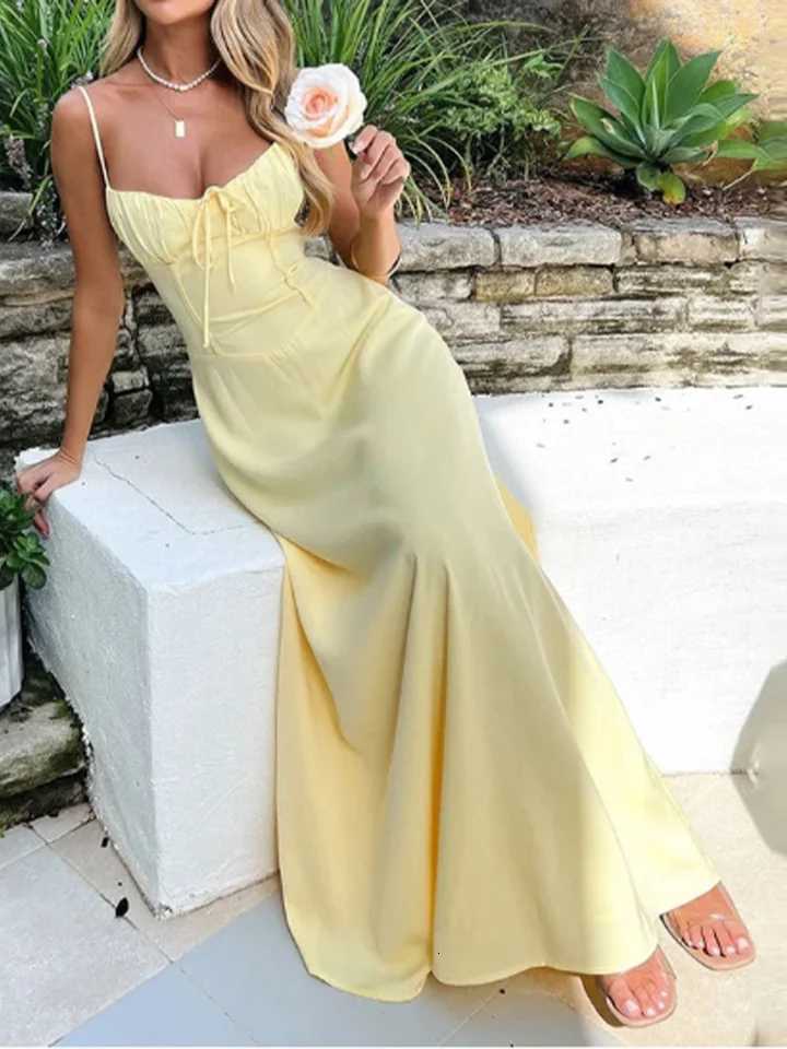 V-neck Sleeveless Camisole Solid Color Lace Up Womens Dress Fashionable Street Vacation Elegant Style Summer DressesT260314