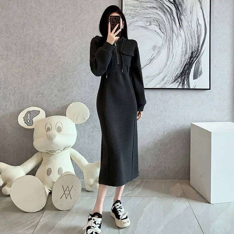 Female Clothing Casual Hooded Midi Dress A-Line Waist Spring Autumn Solid Color Basic Long Sleeve Chic Pockets Spliced Dresses Z260313