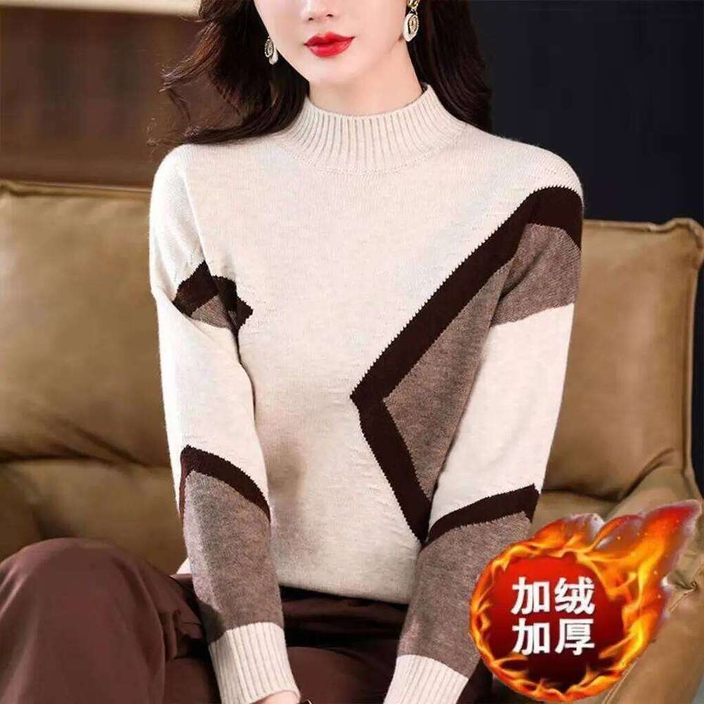 Velvet and Thickened Women's Top 2024 New Autumn/Winter Korean Edition Color Block Knitted Half High Neck Sweater Z260313