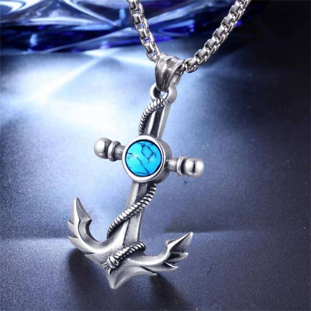 Wu's 2022 Double Sword Pirate Titanium Steel Retro Halloween Skull Ghost Head Anchor Necklace Imitation Turquoise Ancho H260312