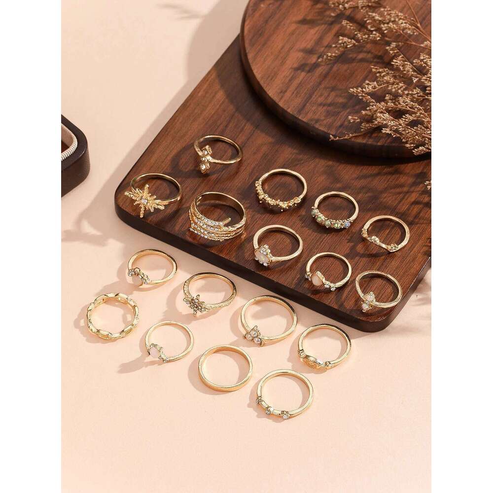 17 Pieces Of New Bohemian-style Retro Geometric Fashion Moonstone Openwork Water Drop Women's Wedding Banquet Ring set H260312