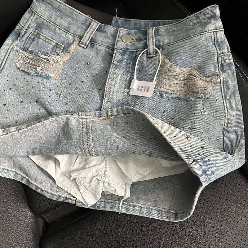 Vintage Denim Starry Skirts Women Mini Rhinestone A-line Korean Style Hot Spicy Girls Summer Streetwear Stylish 4XL Chic Z260314
