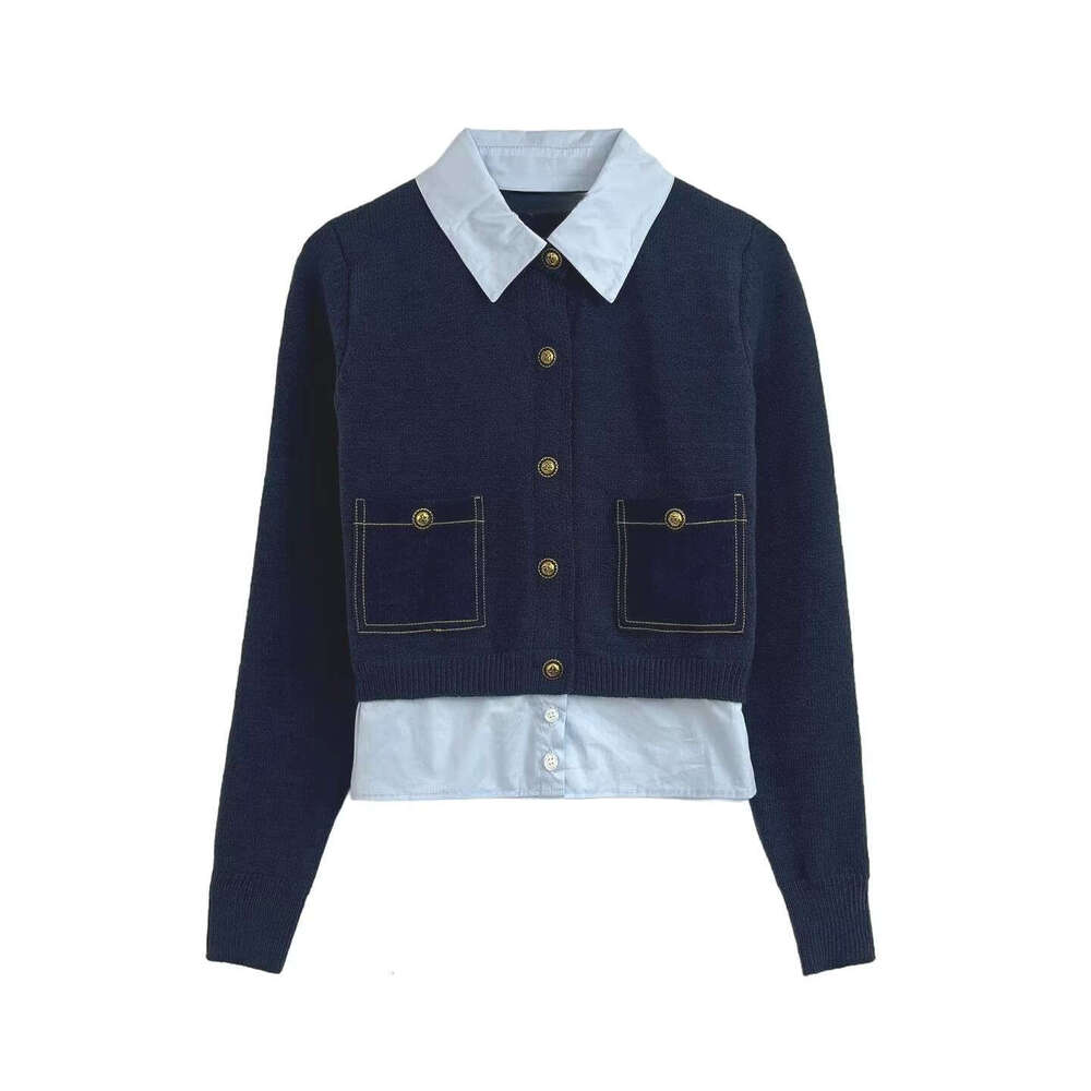 2026 Spring/Autumn Designer Short Fake Two Piece Knitted Cardigan Women's Long Sleeve Pocket Sweater Top