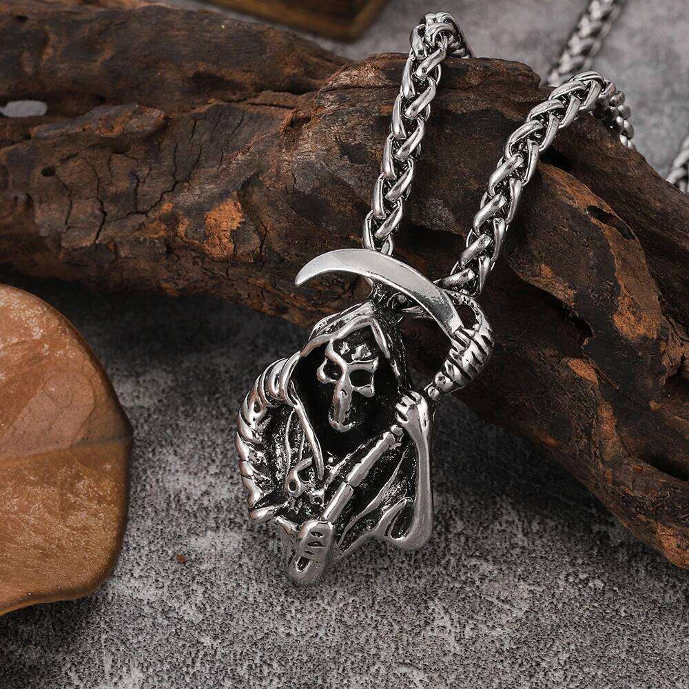 New Vintage Skull Grim Reaper Scythe Pendant Fashion Punk Style Hip-Hop Versatile Men's Necklace H260312