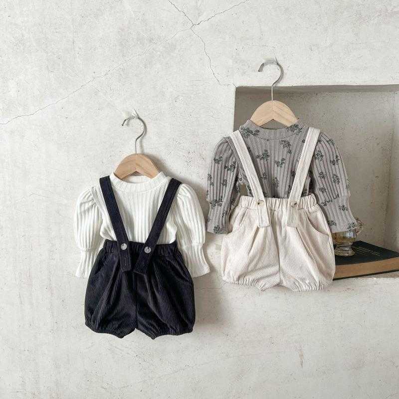 Women's Knits & Tees Children's Spring and Autumn Versatile Baby Girls' Stylish Floral Print Top with Puff Sleeves Ribbed T-Shirt for G