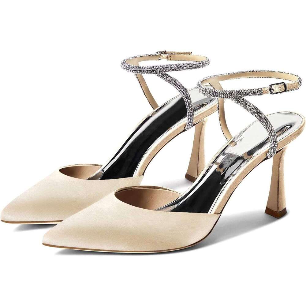 Women Rhinestone Heels Kitten High Satin Pumps Pointed Toe Sparkly Sexy Wedding Dress Shoes MOJIDASHU