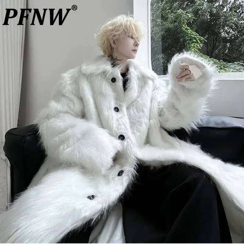 PNW Belt Single Breasted Thickened Winter Long Faux Fur For Men Black White Fashion Design Loose Cotton-padded Coat 9C8121 Z260313