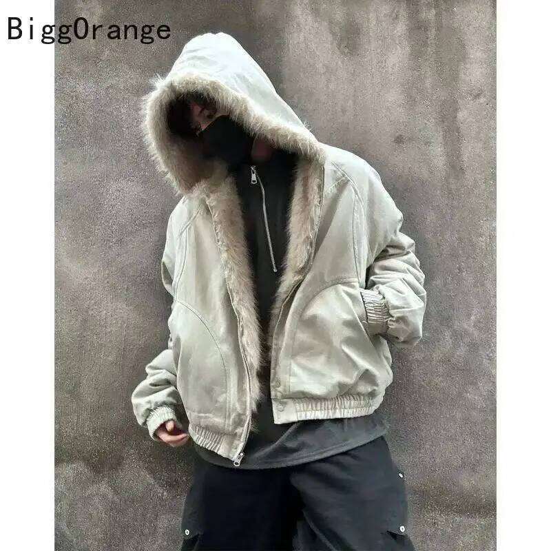 American vintage warm fashionable and simple, loose biker punk jacket, hip-hop style, winter fur collar hooded jacket Z260313