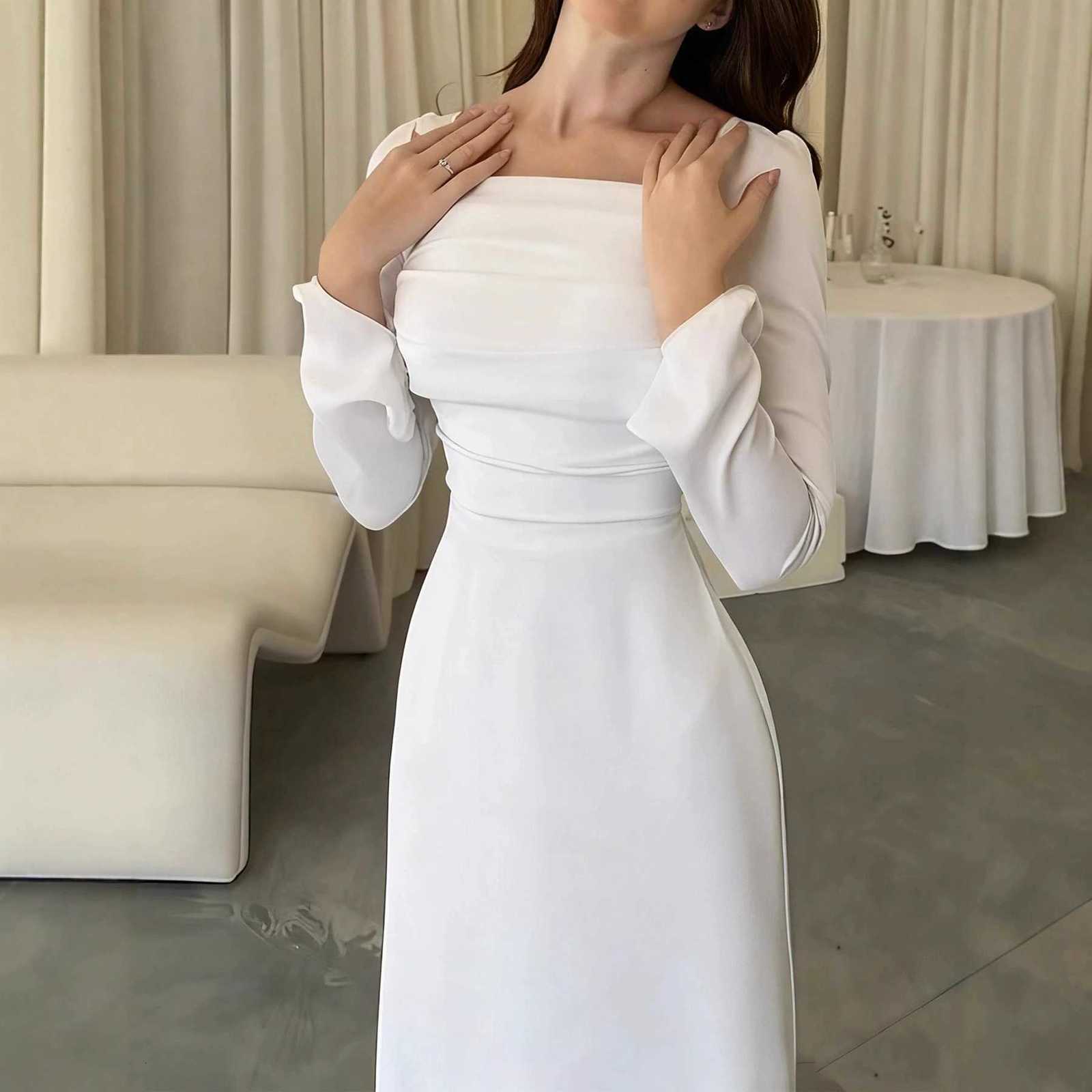 Square collar long sleeved new dress high waist solid color fashionable dress pleated slim fit high waist casual long dressT260314