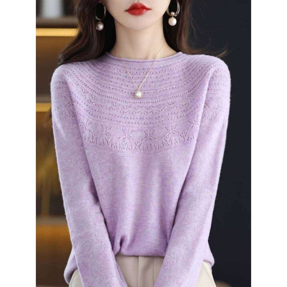 Women 100% Merino Wool Sweater Autumn Winter Pullovers O-Neck Hollow Cashmere Knitwear Female Basic Bottoming Clothing Tops Z260314