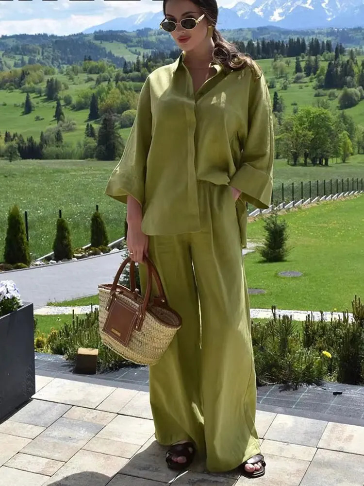 HH Women Casual Solid Blouse Pant Sets Loose Long Sleeve Lapel Shirts Elastic Waist Wide Leg Trousers Office Lady Suit 260309