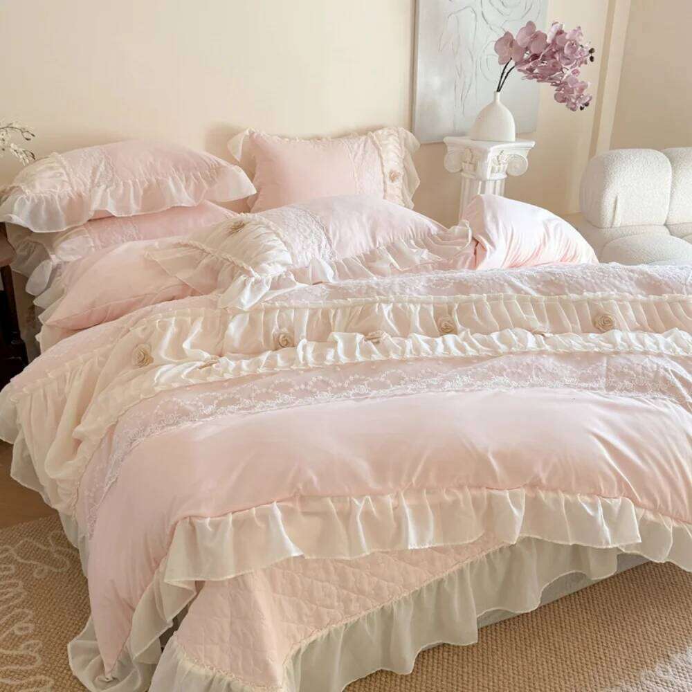 Princess Style Lace Ruffles Wedding Bedding Korean Soft Rose Flowers Four-Piece Set Duvet Cover Bed Sheet Pillowcase 4Pcs H260312 - view 3