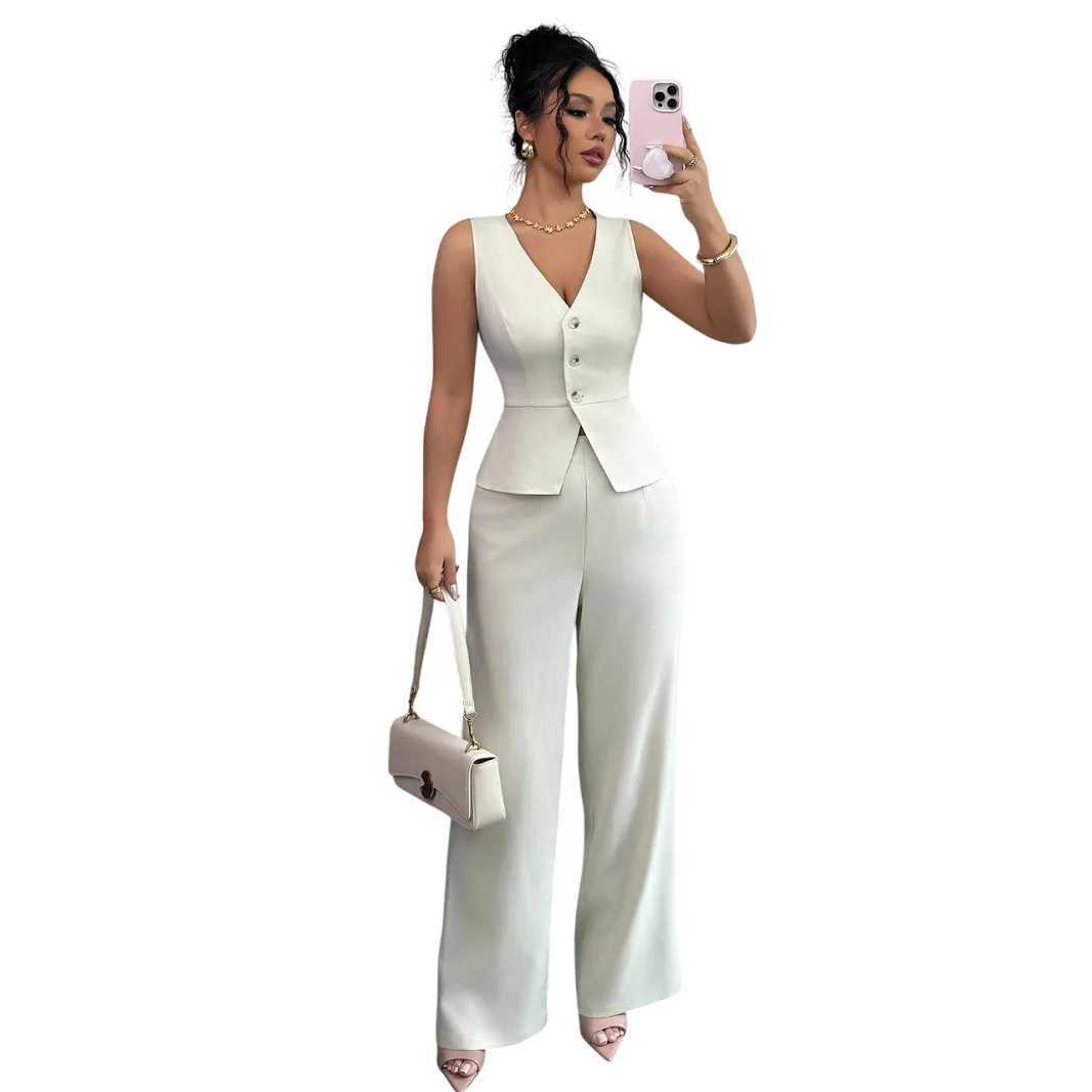 Womens Solid Color Sleeveless Slim Fit Vest High Waisted Pants Two-piece Set for Summer 2025 M260313