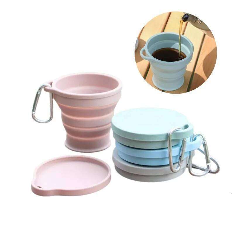 Outdoor Camping Silicone Folding Cup with Hanging Hook Portable Travel Water Bottle Collapsible for Hiking Backpacking Z260313