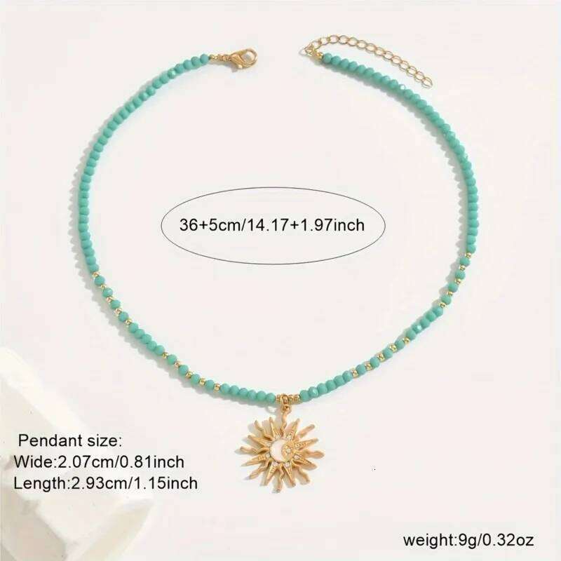 Vintage Golden-Toned Sun Pendant Necklace for Women Elegant Turquoise Beads Chain Choker Neck Statement Party Jewelry Gifts H260312