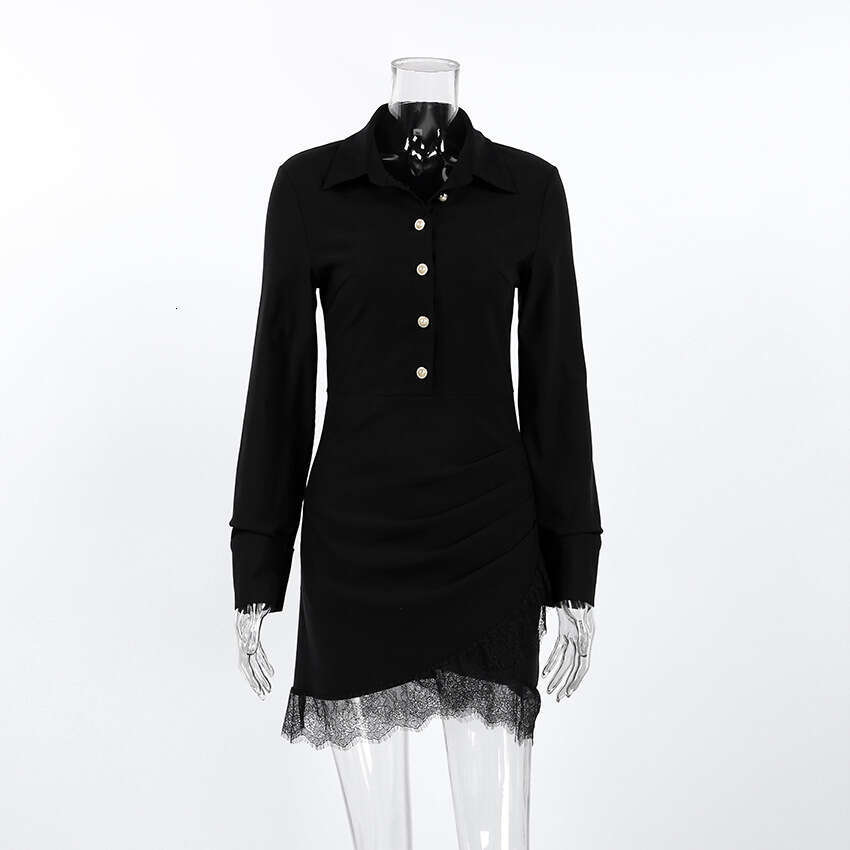Spring Commuter Turn Down Collar Bodycon For Women Black Slim Waist Lace Long Sleeve Dress With Design Sense S Fashion MAKOUFEI