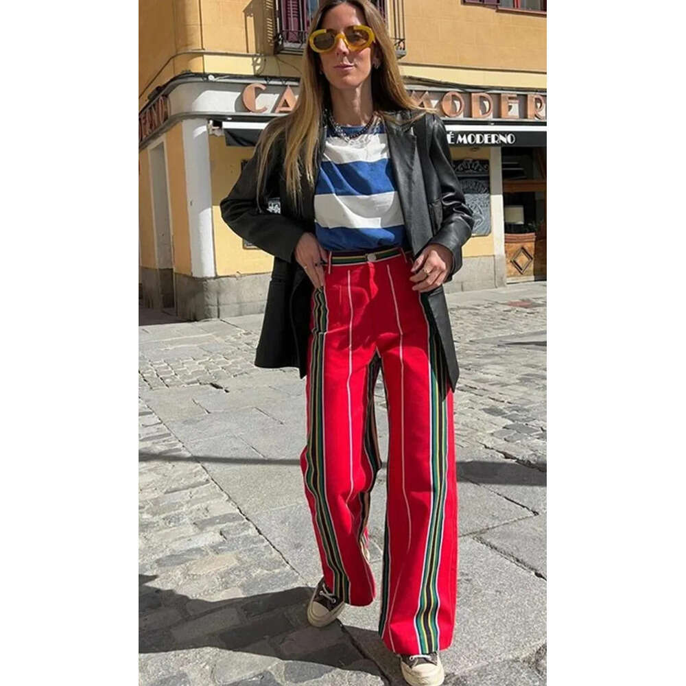 Women's Pants Contrast Color Striped Vintage Casual Straight Women High Waisted Trousers Fashion Printed Pocket Pant Z260314
