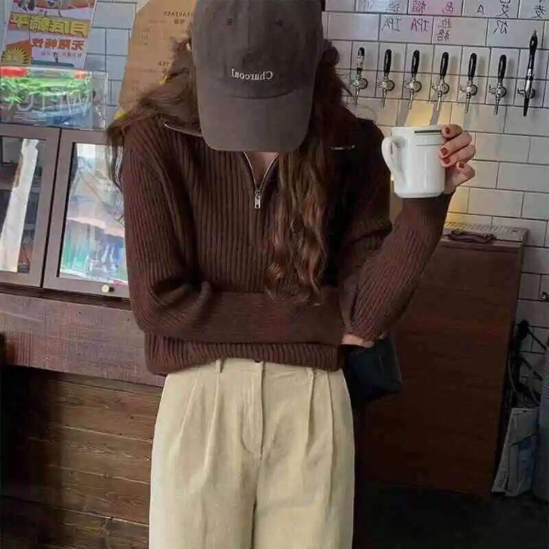 Knitted Pullovers New Long Sleeve Turn Down Collar Knit Sweater Pullover Women Tops Sweaters Sueter Feminino Q1008 Z260313